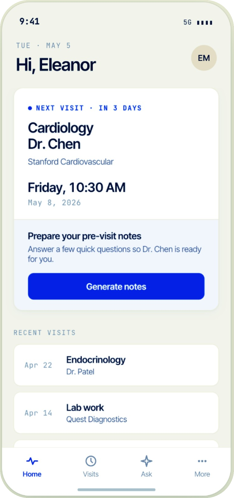 Coconut Health home screen showing an upcoming cardiology visit and recent visits