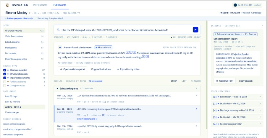Coconut Hub care-team view with a source-linked summary and an evidence panel